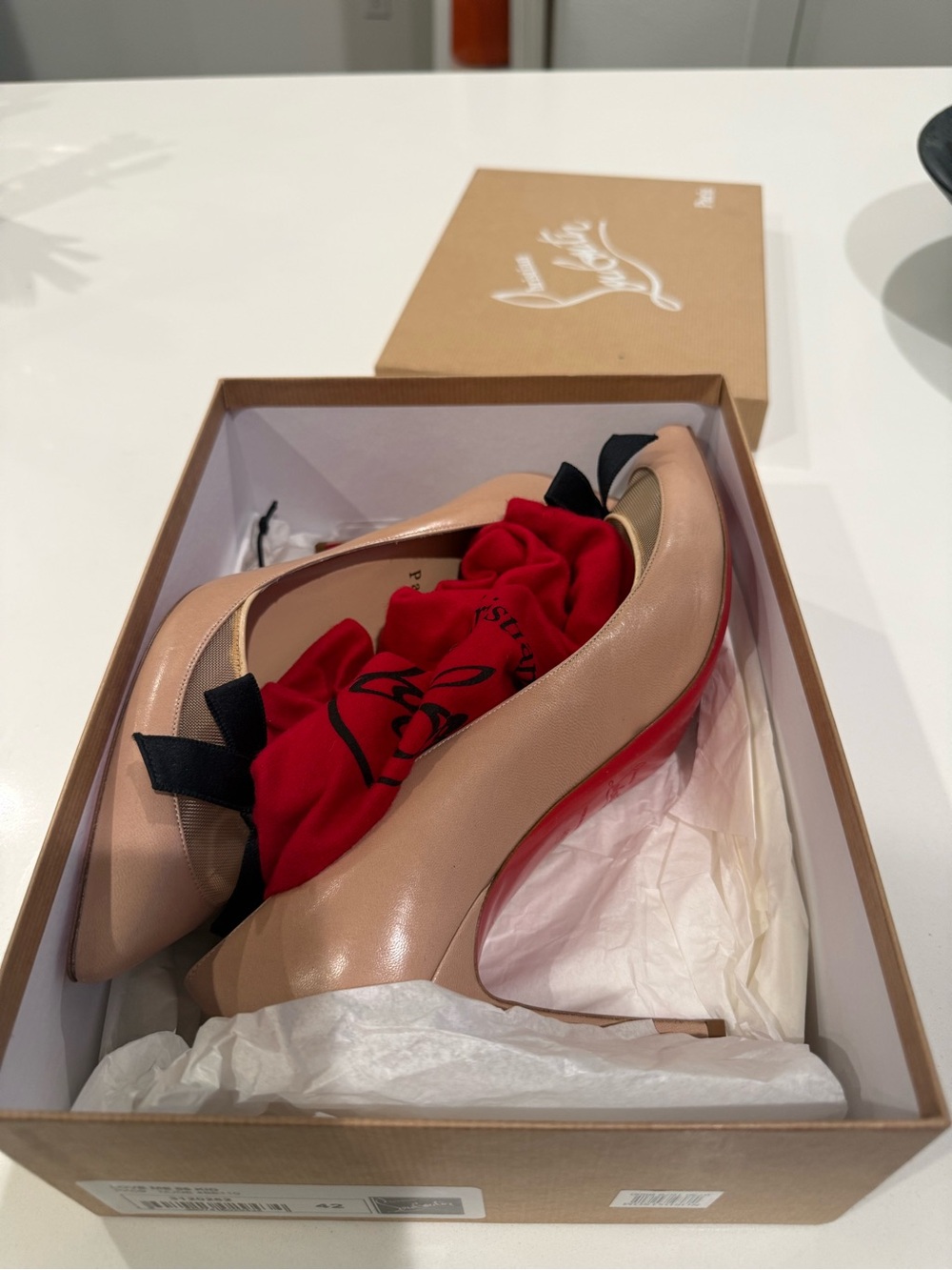 Christian Louboutin Blush Nude Pointed-Toe Pumps with Black Bows - Picture 6 of 7